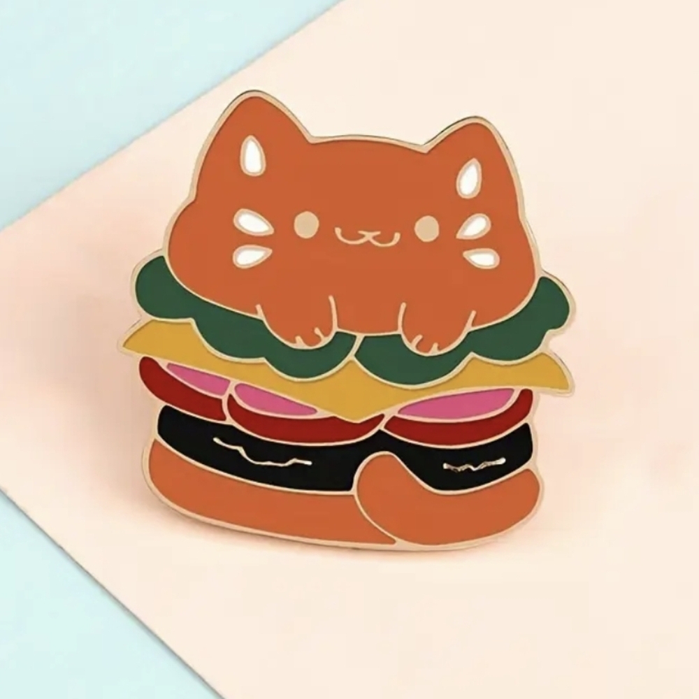 NEW Hot Topic Golden Colorful Kitty Cat Shaped Burger Food Kawaii Enamel Pin